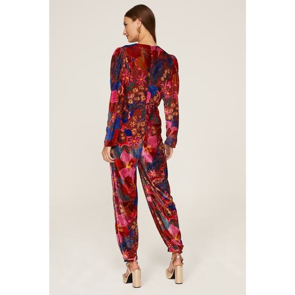 Farm Rio Snake Garden Red Velvet Floral Print V-Neck Long Sleeve Jumpsuit Sz XS - Picture 3 of 16